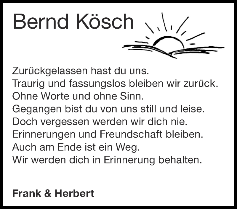  Traueranzeige für Bernd Kösch vom 29.11.2020 aus Zeitung am Sonntag