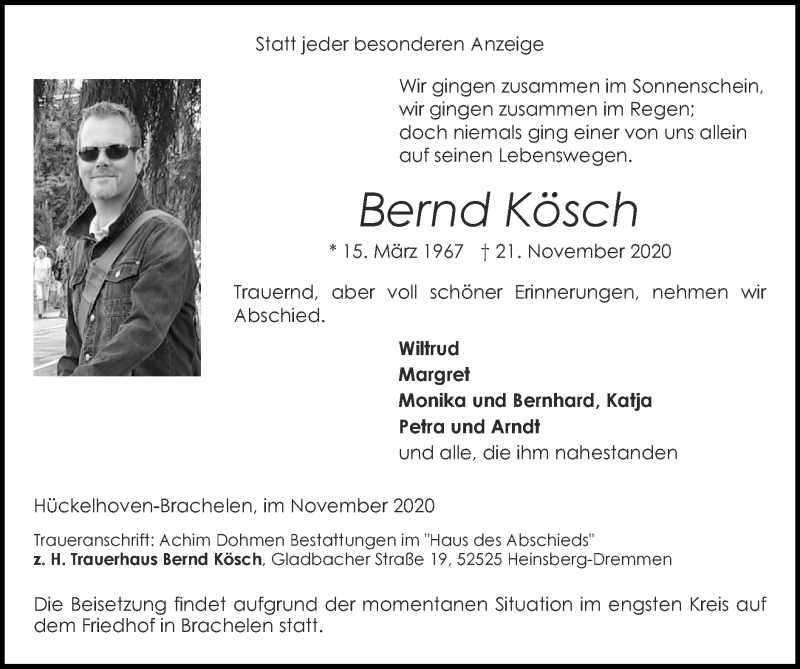  Traueranzeige für Bernd Kösch vom 29.11.2020 aus Zeitung am Sonntag