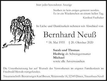 Traueranzeige von Bernhard Neuß von Zeitung am Sonntag