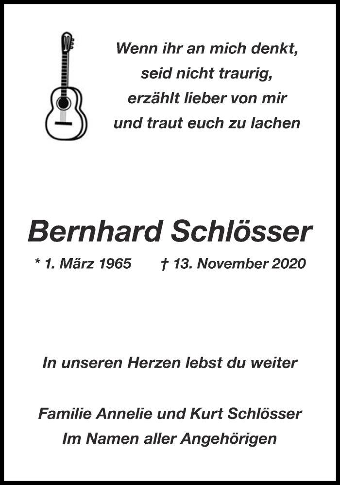  Traueranzeige für Bernhard Schlösser vom 17.11.2020 aus Aachener Zeitung / Aachener Nachrichten