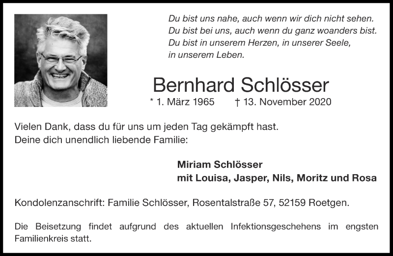  Traueranzeige für Bernhard Schlösser vom 18.11.2020 aus Aachener Zeitung / Aachener Nachrichten