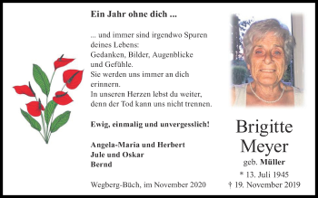 Traueranzeige von Brigitte Meyer von Zeitung am Sonntag