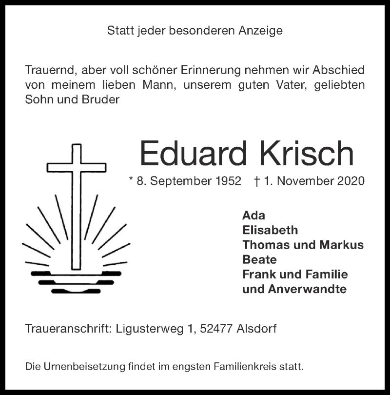  Traueranzeige für Eduard Krisch vom 08.11.2020 aus Zeitung am Sonntag