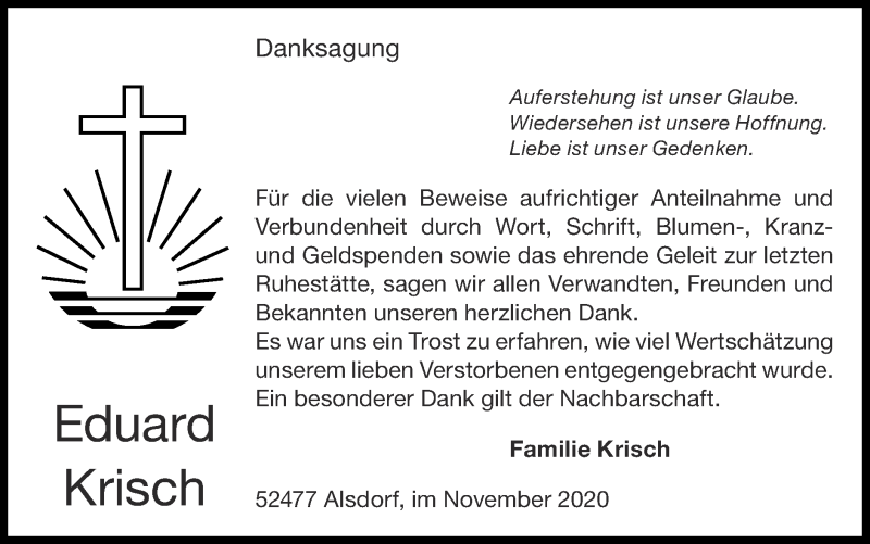  Traueranzeige für Eduard Krisch vom 29.11.2020 aus Zeitung am Sonntag
