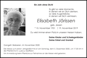 Traueranzeige von Elisabeth Jörissen von Zeitung am Sonntag