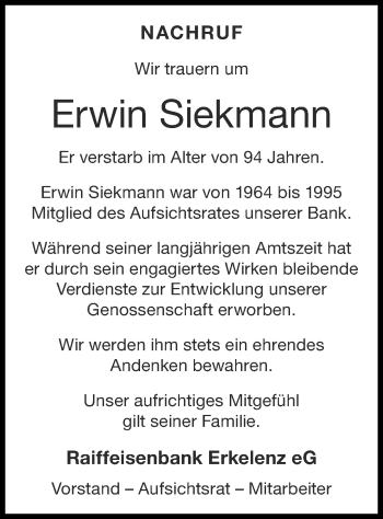 Traueranzeige von Erwin Siekmann von Zeitung am Sonntag