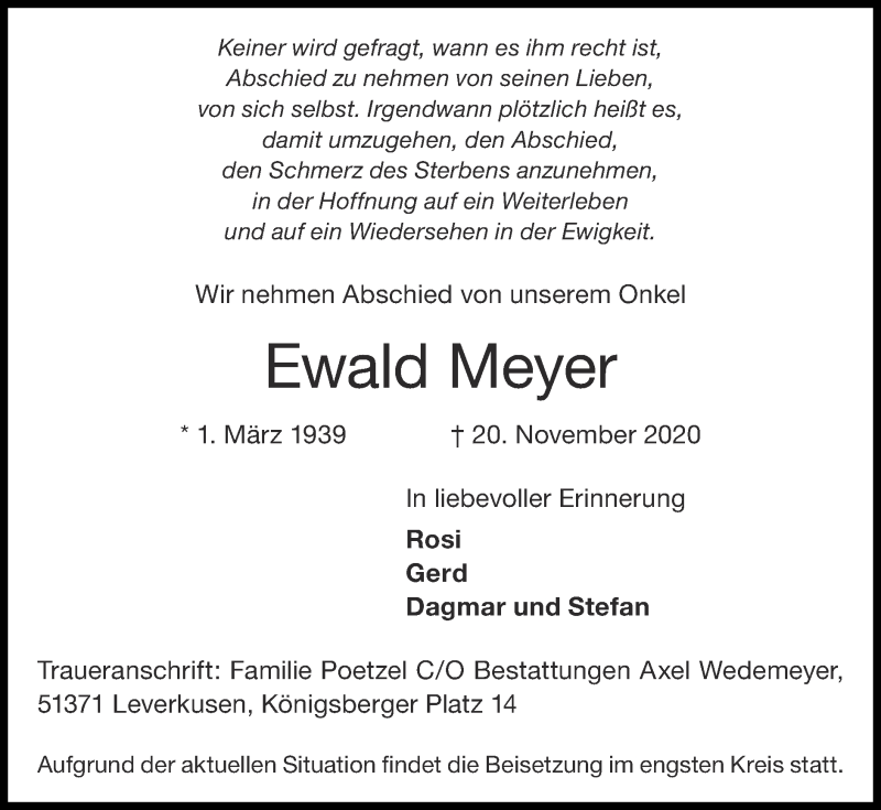  Traueranzeige für Ewald Meyer vom 29.11.2020 aus Zeitung am Sonntag