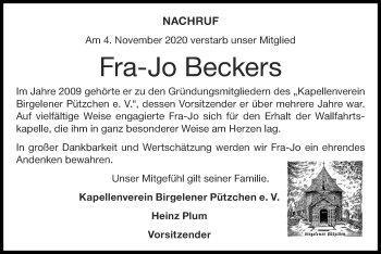 Traueranzeige von Fra-Jo Beckers von Zeitung am Sonntag