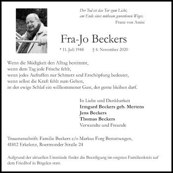 Traueranzeige von Fra-Jo Beckers von Zeitung am Sonntag
