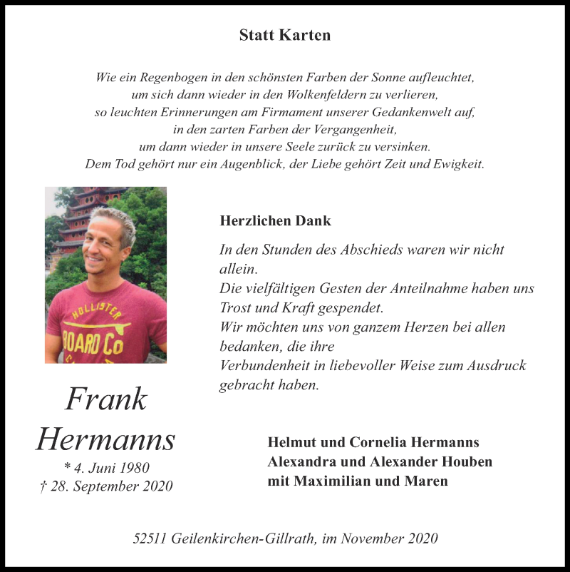  Traueranzeige für Frank Hermanns vom 08.11.2020 aus Zeitung am Sonntag