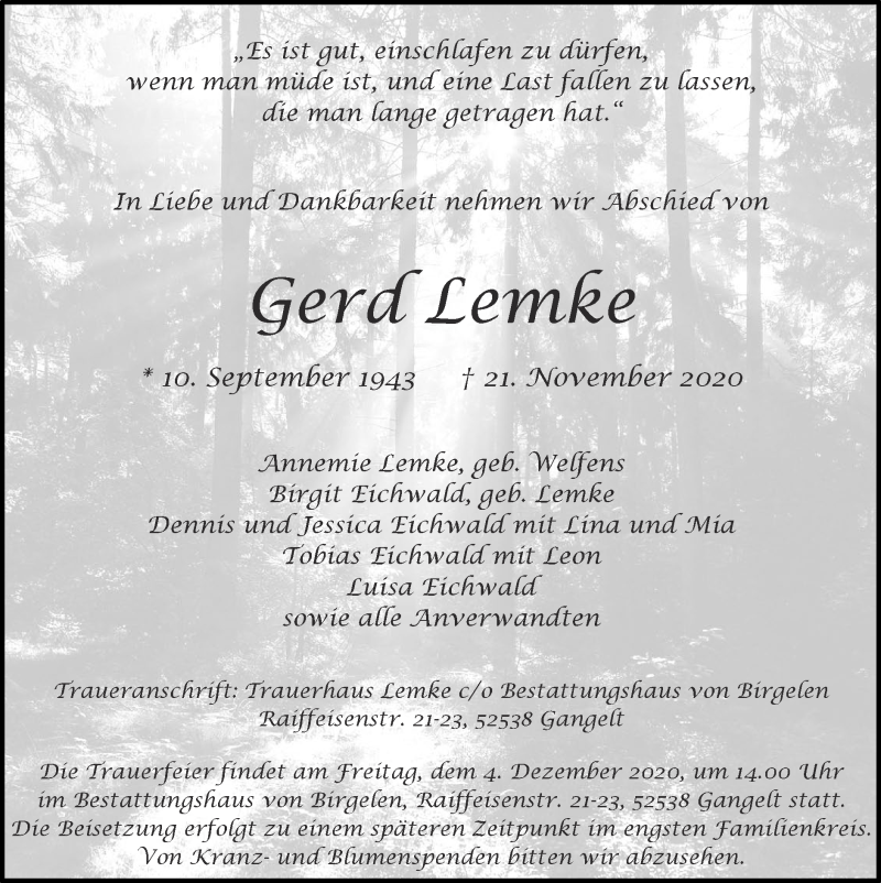  Traueranzeige für Gerd Lemke vom 29.11.2020 aus Zeitung am Sonntag