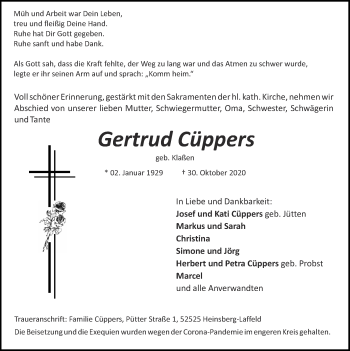 Traueranzeige von Gertrud Cüppers von Zeitung am Sonntag