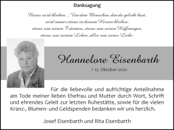 Traueranzeige von Hannelore Eisenbarth von Zeitung am Sonntag