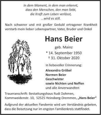 Traueranzeige von Hans Beier von Zeitung am Sonntag