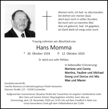 Traueranzeige von Hans  Momma von Zeitung am Sonntag
