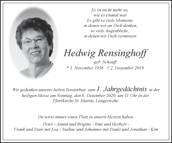 Traueranzeige von Hedwig Rensinghoff von Zeitung am Sonntag