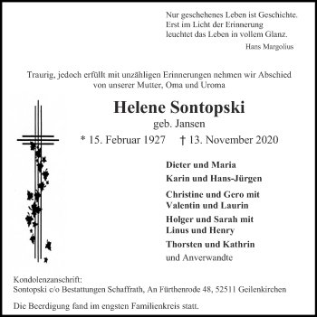 Traueranzeige von Helene Sontopski von Zeitung am Sonntag