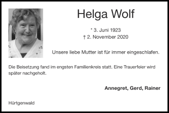 Traueranzeige von Helga Wolf von Zeitung am Sonntag