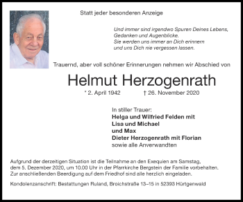 Traueranzeige von Helmut Herzogenrath von Zeitung am Sonntag