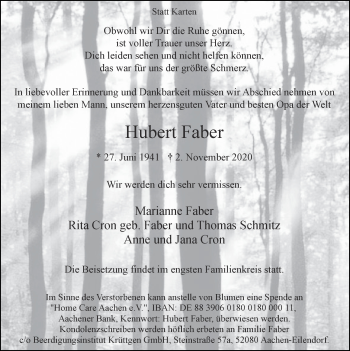 Traueranzeige von Hubert Faber von Zeitung am Sonntag
