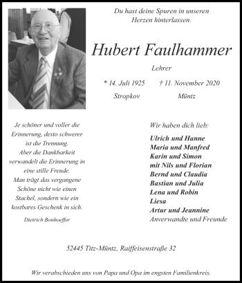 Traueranzeige von Hubert Faulhammer von Zeitung am Sonntag