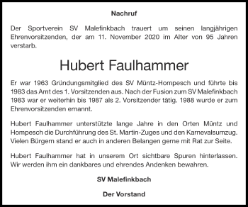 Traueranzeige von Hubert Faulhammer von Zeitung am Sonntag