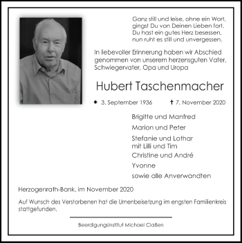 Traueranzeige von Hubert Taschenmacher von Zeitung am Sonntag