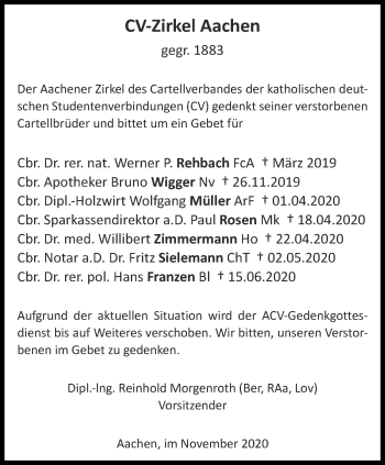 Traueranzeige von Im Gedenken CV-Zirkel Aachen von Aachener Zeitung / Aachener Nachrichten