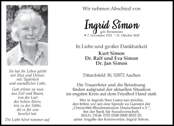 Traueranzeige von Ingrid Simon von Aachener Zeitung / Aachener Nachrichten