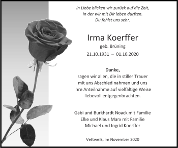 Traueranzeige von Irma Koerffer von Zeitung am Sonntag