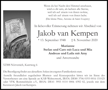Traueranzeige von Jakob van Kempen von Zeitung am Sonntag