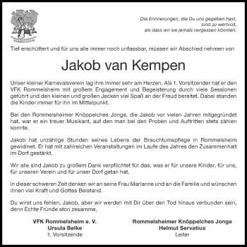 Traueranzeige von Jakob van Kempen von Zeitung am Sonntag