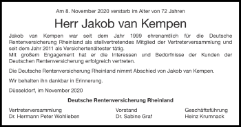 Traueranzeige von Jakob van Kempen von Aachener Zeitung / Aachener Nachrichten