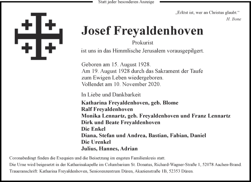  Traueranzeige für Josef Freyaldenhoven vom 21.11.2020 aus Aachener Zeitung / Aachener Nachrichten