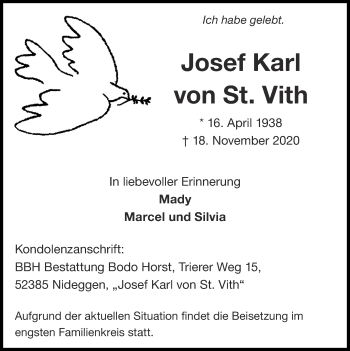 Traueranzeige von Josef Karl von St. Vith von Zeitung am Sonntag