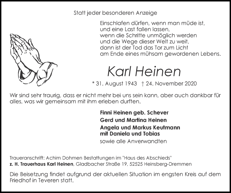  Traueranzeige für Karl Heinen vom 29.11.2020 aus Zeitung am Sonntag