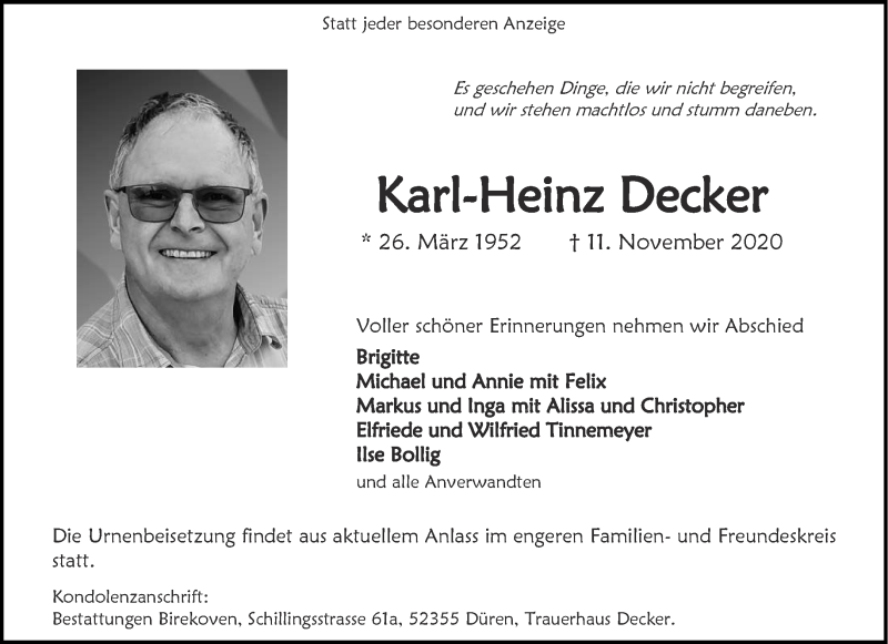  Traueranzeige für Karl-Heinz Decker vom 21.11.2020 aus Aachener Zeitung / Aachener Nachrichten