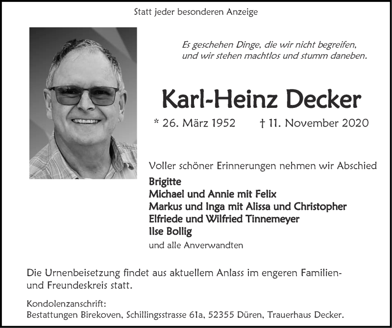  Traueranzeige für Karl-Heinz Decker vom 22.11.2020 aus Zeitung am Sonntag