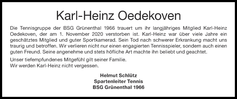  Traueranzeige für Karl-Heinz Oedekoven vom 15.11.2020 aus Zeitung am Sonntag