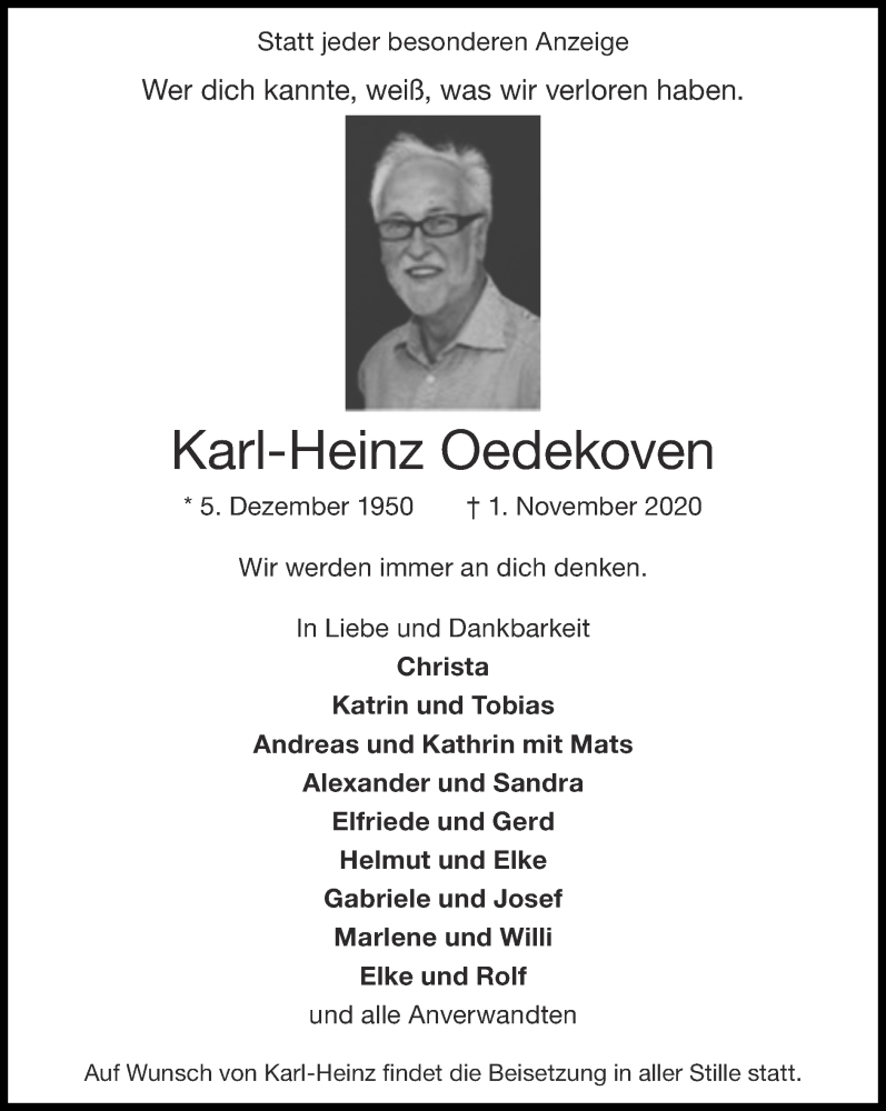  Traueranzeige für Karl-Heinz Oedekoven vom 08.11.2020 aus Zeitung am Sonntag