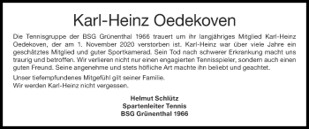 Traueranzeige von Karl-Heinz Oedekoven von Zeitung am Sonntag