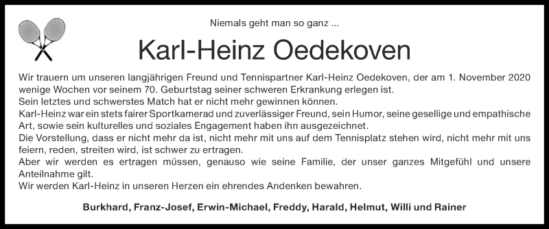  Traueranzeige für Karl-Heinz Oedekoven vom 15.11.2020 aus Zeitung am Sonntag