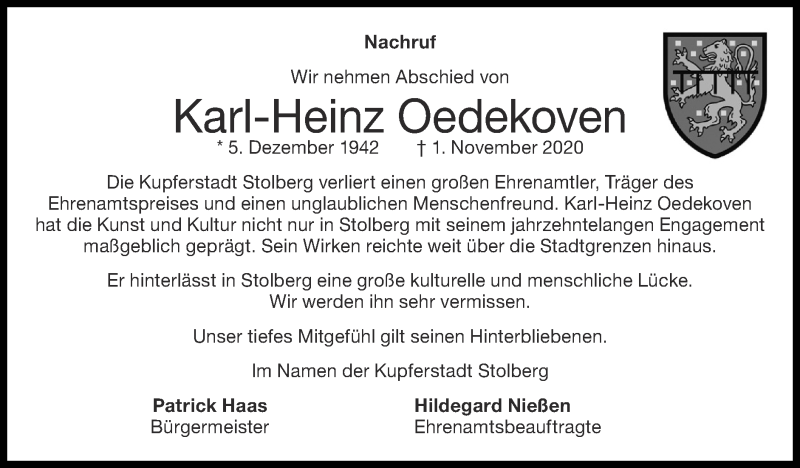  Traueranzeige für Karl-Heinz Oedekoven vom 15.11.2020 aus Zeitung am Sonntag