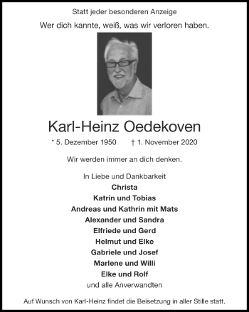 Traueranzeige von Karl-Heinz Oedekoven von Zeitung am Sonntag