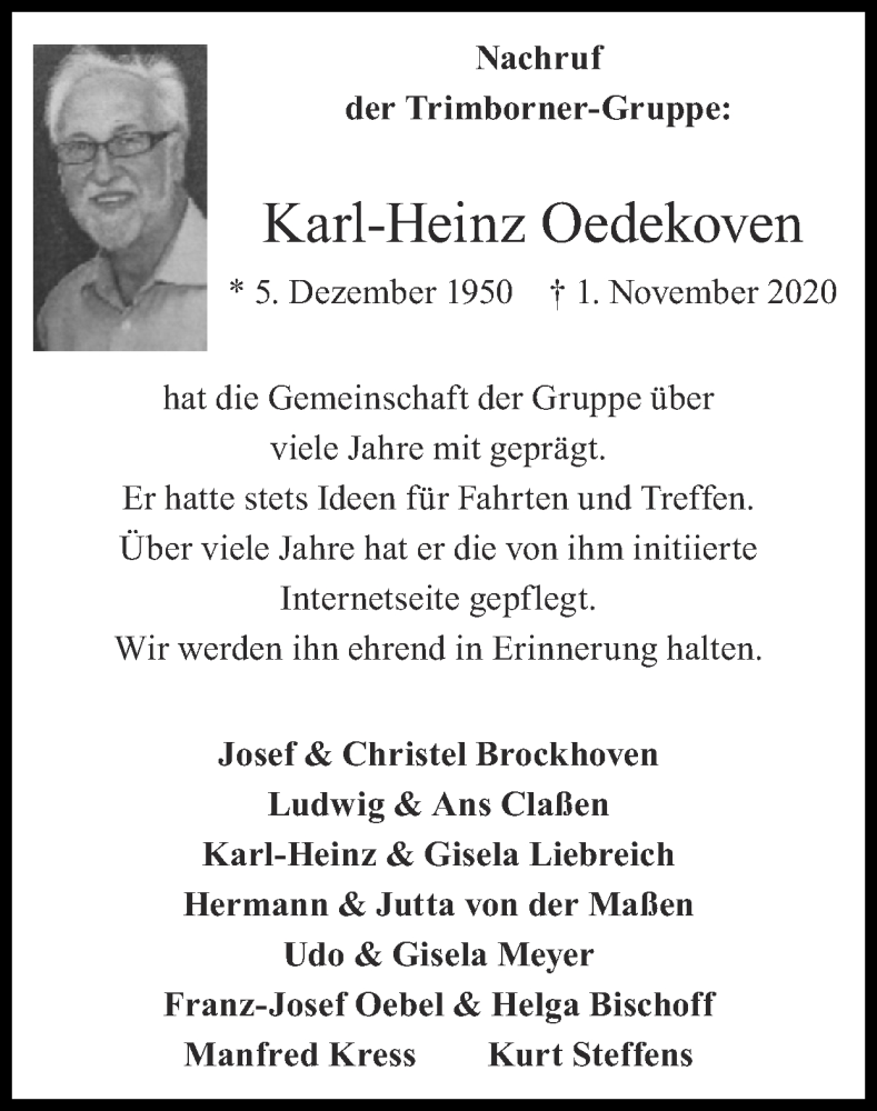  Traueranzeige für Karl-Heinz Oedekoven vom 15.11.2020 aus Zeitung am Sonntag