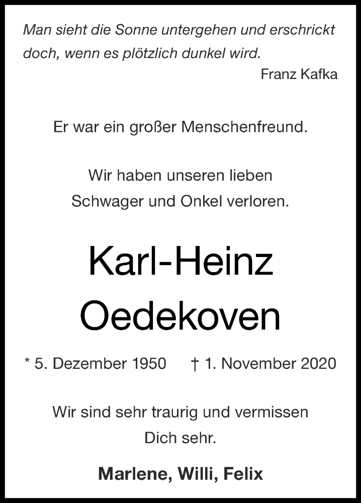  Traueranzeige für Karl-Heinz Oedekoven vom 08.11.2020 aus Zeitung am Sonntag
