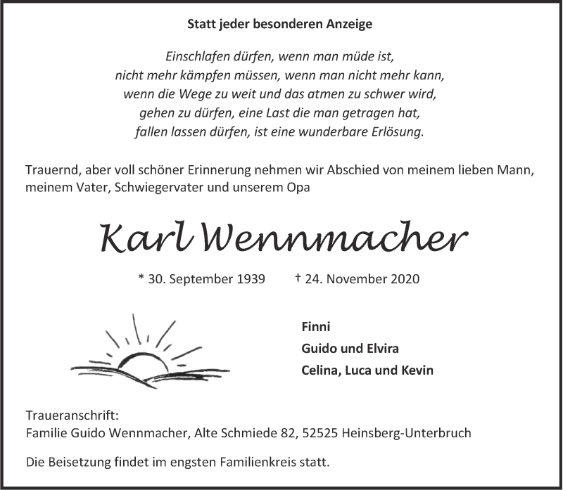  Traueranzeige für Karl Wennmacher vom 28.11.2020 aus Aachener Zeitung / Aachener Nachrichten