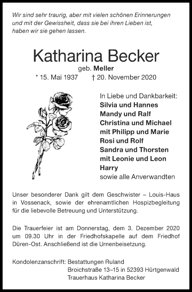  Traueranzeige für Katharina Becker vom 29.11.2020 aus Zeitung am Sonntag