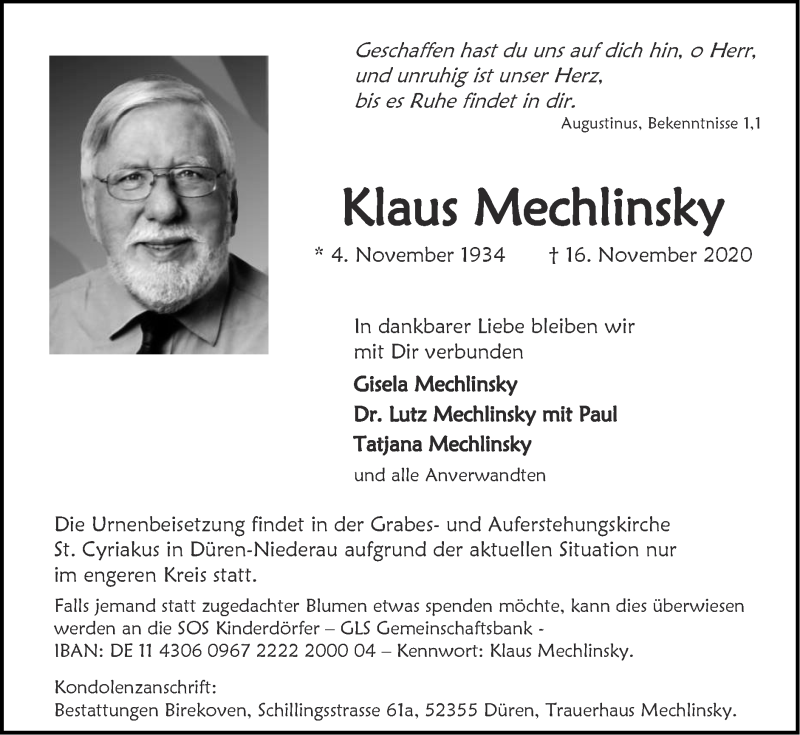  Traueranzeige für Klaus Mechlinsky vom 22.11.2020 aus Zeitung am Sonntag