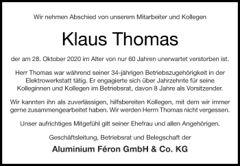 Traueranzeige von Klaus Thomas von Zeitung am Sonntag
